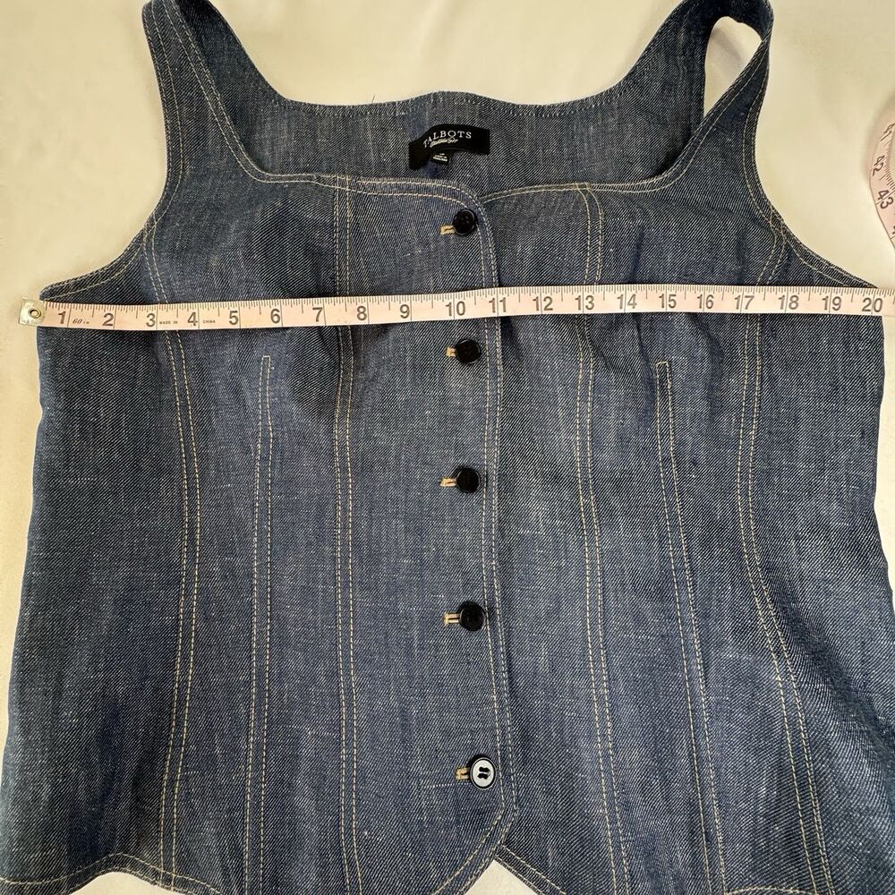 Talbots 100% Linen Vest Blue Denim Look Button Front Women Size 16 Corset - Picture 6 of 7
